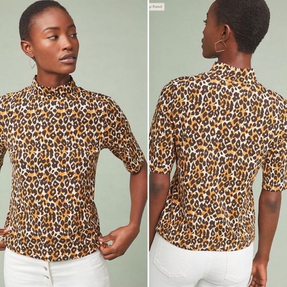 Anthropologie Cheetah Print Mock Turtleneck size L - Picture 2 of 8